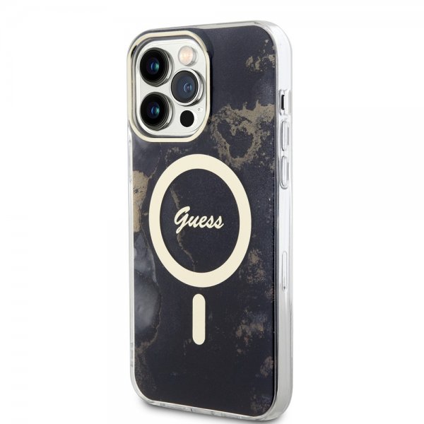 Guess iPhone 14 Pro Max -kuori Golden Marble MagSafe, musta