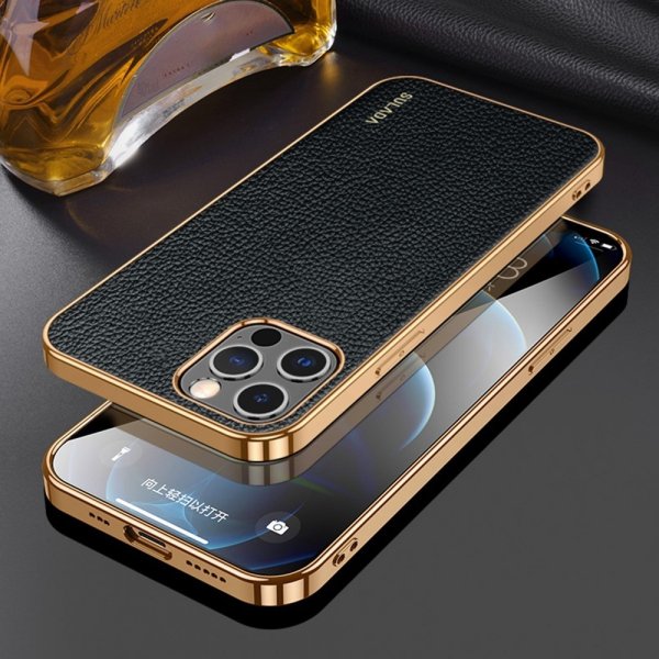Sulada iPhone 14 Pro Max -kuori, litsikuvioitu, pinnoitetut reunat, musta