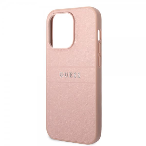 Guess iPhone 14 Pro Max -kuoret Saffiano Metal Logo Stripes, ruusukulta