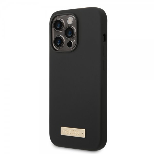 Guess iPhone 14 Pro Max Suojakuori Silikoni Metallilevy MagSafe Musta