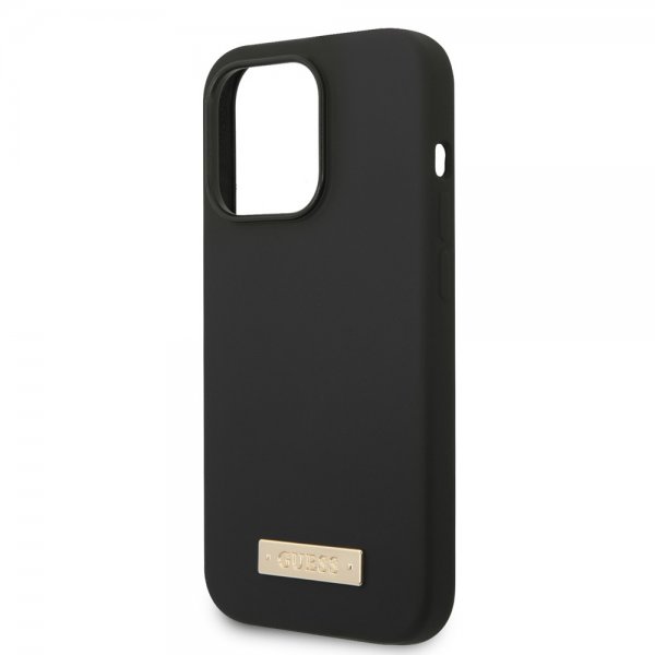 Guess iPhone 14 Pro Max Suojakuori Silikoni Metallilevy MagSafe Musta
