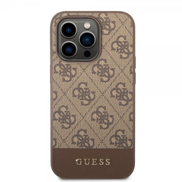 Guess iPhone 14 Pro Kuori Bottom Stripe Metal Logo Ruskea