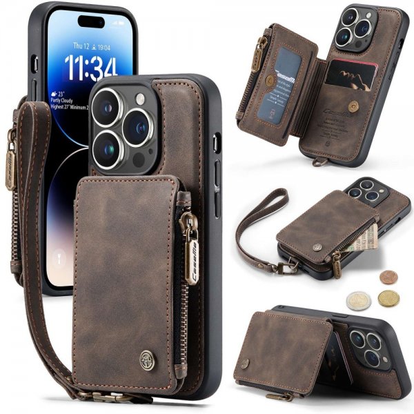 CaseMe iPhone 14 Pro Kuori C20 Korttipaikka Vetoketju Ruskea