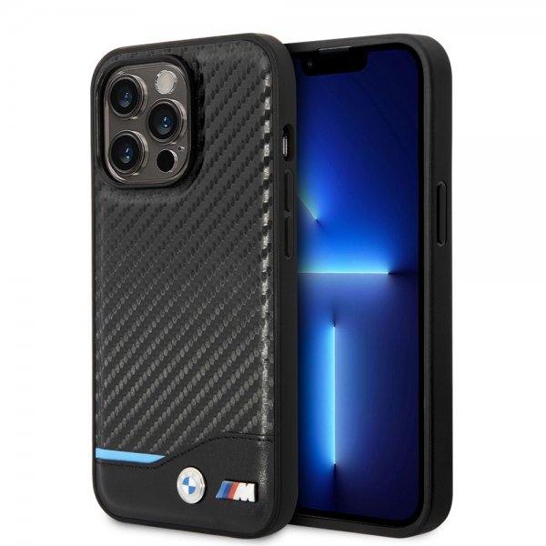 BMW iPhone 14 Pro Kuori Hiilikuituvaikutelma Painettu Logo Musta