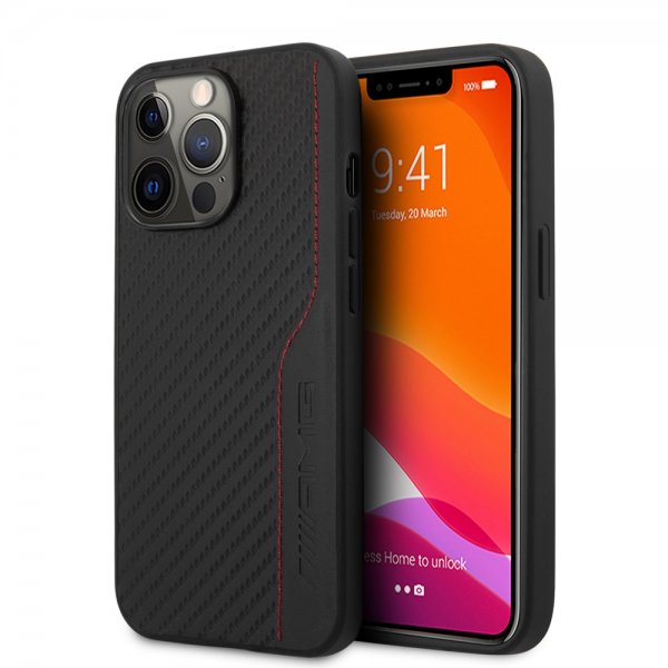 AMG iPhone 14 Pro Kuori Hiilikuitu-efekti Leimattu Logo Musta