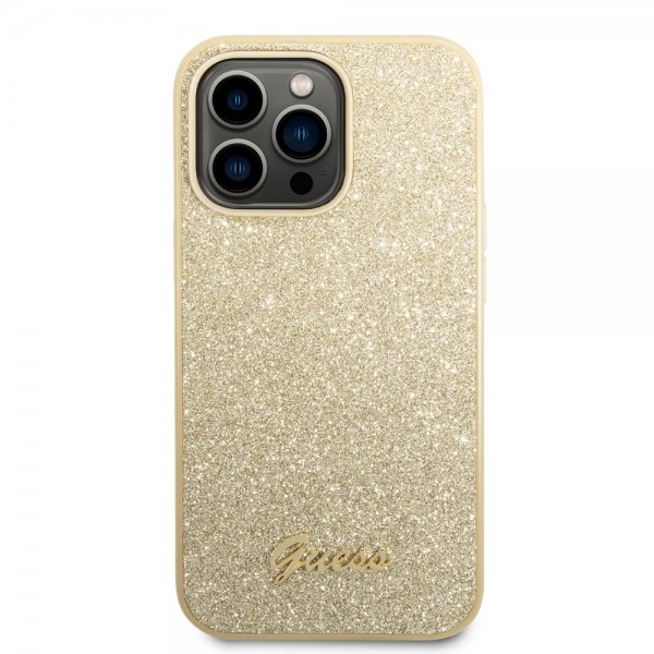 Guess iPhone 14 Pro Kuoret Glitterhiutaleet Metallilogo Kulta