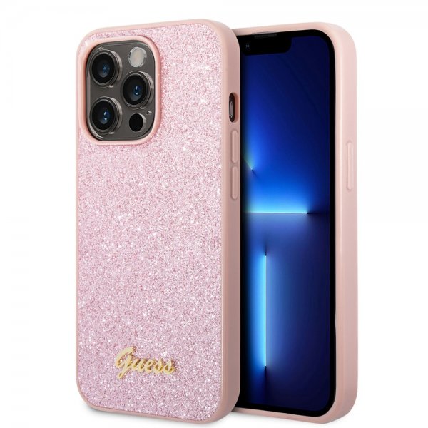 Guess iPhone 14 Pro Kuori Glitter Flakes Metallilogo Ruusukulta
