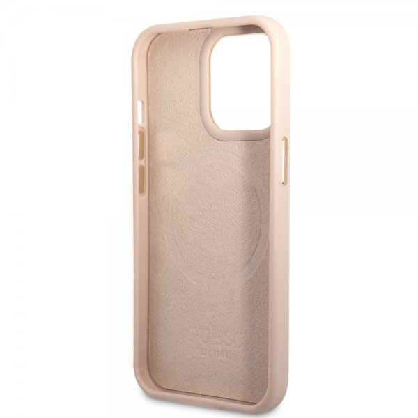 Guess iPhone 14 Pro -kuoret Metal Plate Logo MagSafe, pinkki