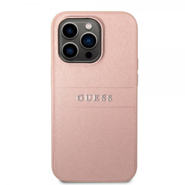 Guess iPhone 14 Pro Kuori Saffiano Metal Logo Stripes Pinkki