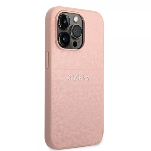 Guess iPhone 14 Pro Kuori Saffiano Metal Logo Stripes Pinkki
