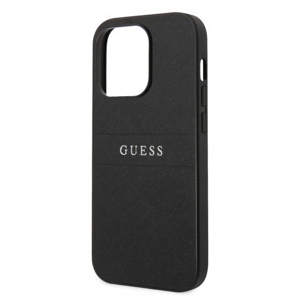 Guess iPhone 14 Pro -suojakuori, Saffiano Metal Logo Stripes, musta