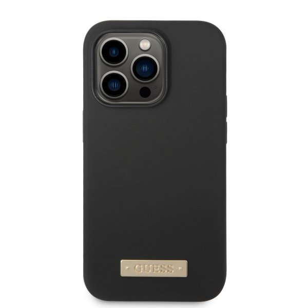 Guess iPhone 14 Pro Kuori Silikoni Metallilevy MagSafe Musta