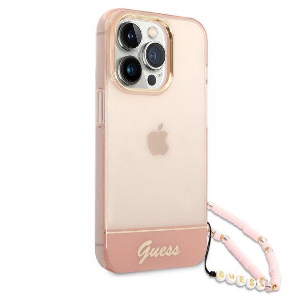 Guess iPhone 14 Pro Kuori Translucent with Strap Ruusu