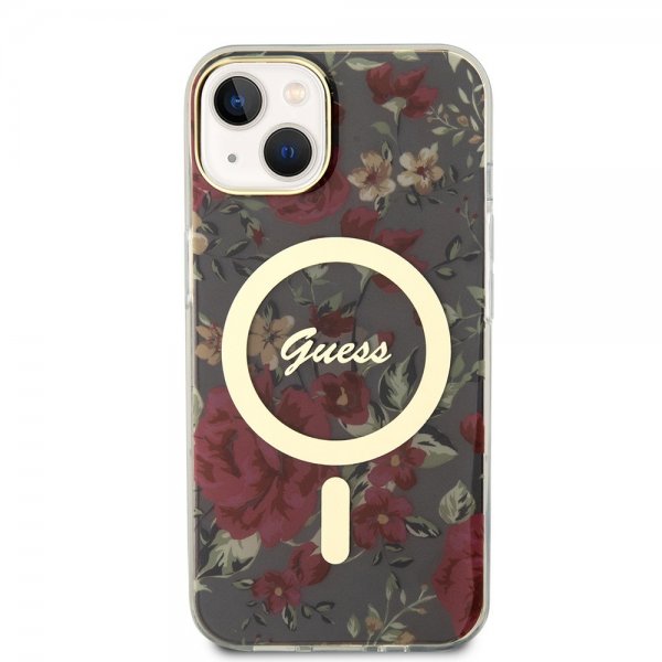 Guess iPhone 14 -suojakuori Flower MagSafe Kaki