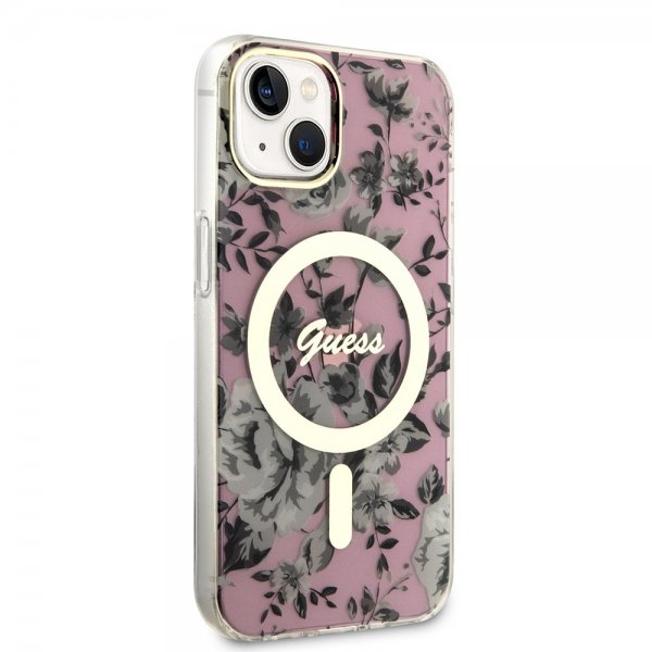 Guess iPhone 14 -suojakuori Flower MagSafe, pinkki