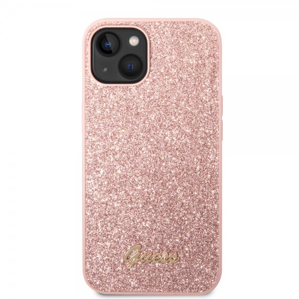 Guess iPhone 14 Suojakuori Glitter Flakes Metal Logo Pinkki