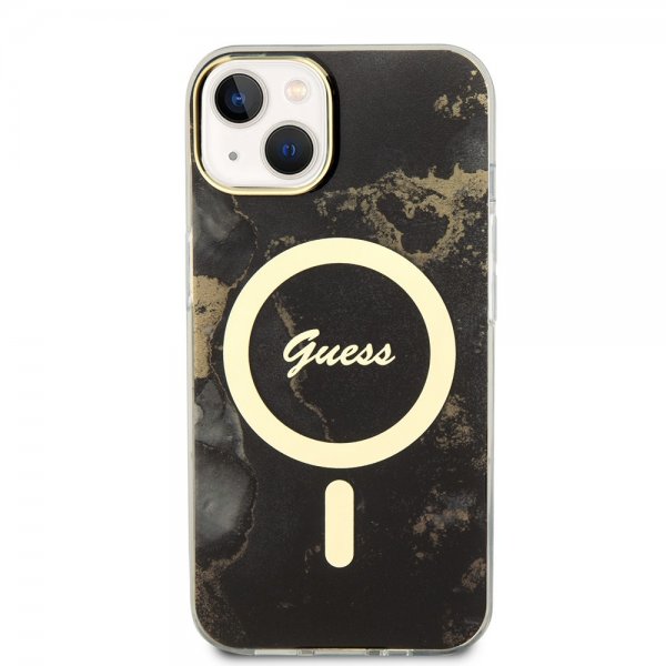 Guess iPhone 14 -suojakuori Golden Marble MagSafe, musta