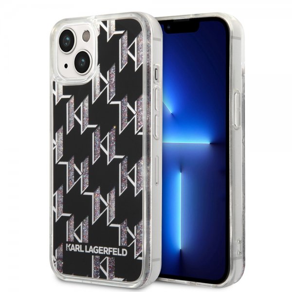 Karl Lagerfeld iPhone 14 -suojakuori, nestemäistä glitteriä, monogrammi, musta