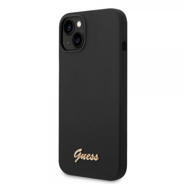 Guess iPhone 14 -suojakuori Liquid Silicone Metal Logo, musta