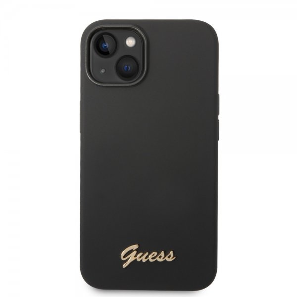 Guess iPhone 14 -suojakuori Liquid Silicone Metal Logo, musta