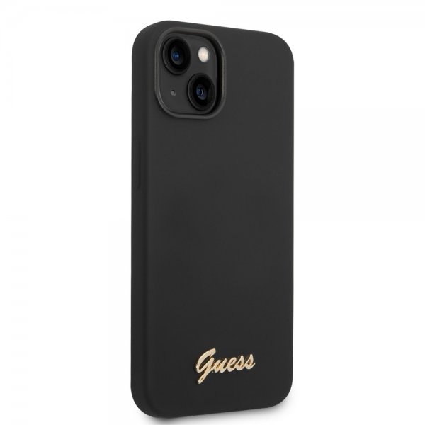 Guess iPhone 14 -suojakuori Liquid Silicone Metal Logo, musta