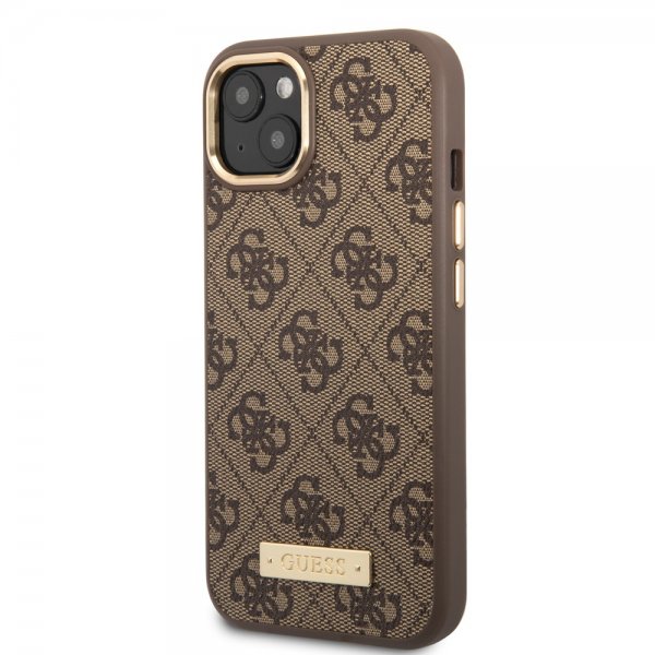 Guess iPhone 14 -suojakuori Metal Plate Logo MagSafe ruskea