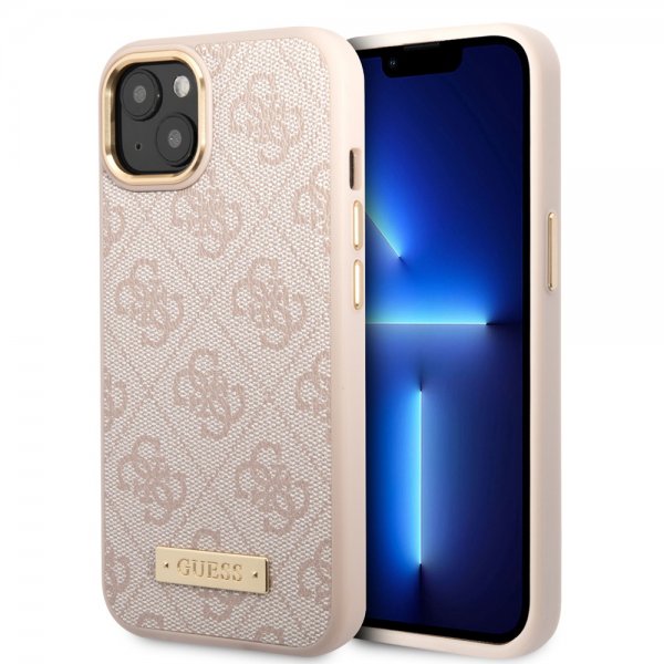 Guess iPhone 14 -suojakuori, metallilevy, logo, MagSafe, pinkki