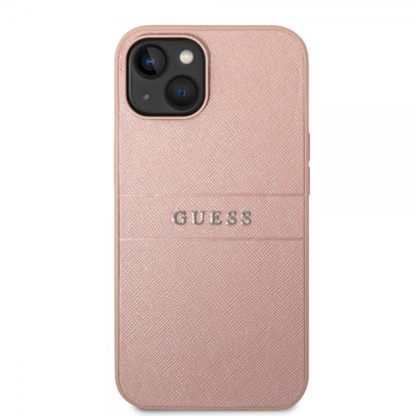 Guess iPhone 14 -suojakuori Saffiano Metal Logo Stripes, pinkki