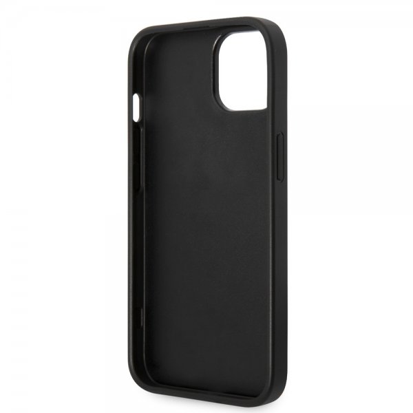 Guess iPhone 14 -suojakuori Saffiano Metal Logo Stripes, musta
