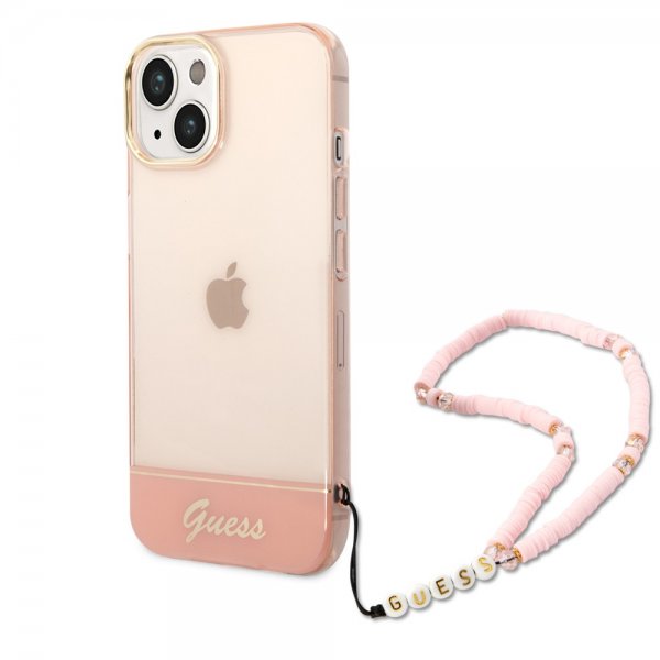 Guess iPhone 14 -läpinäkyvä kuori hihnalla, pinkki