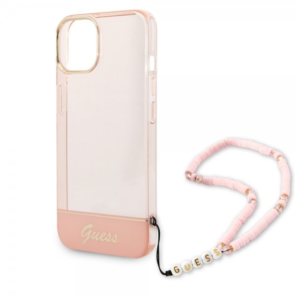 Guess iPhone 14 -läpinäkyvä kuori hihnalla, pinkki