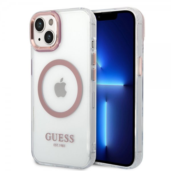 Guess iPhone 14 Kuori Läpinäkyvä MagSafe Vaaleanpunainen Läpinäkyvä