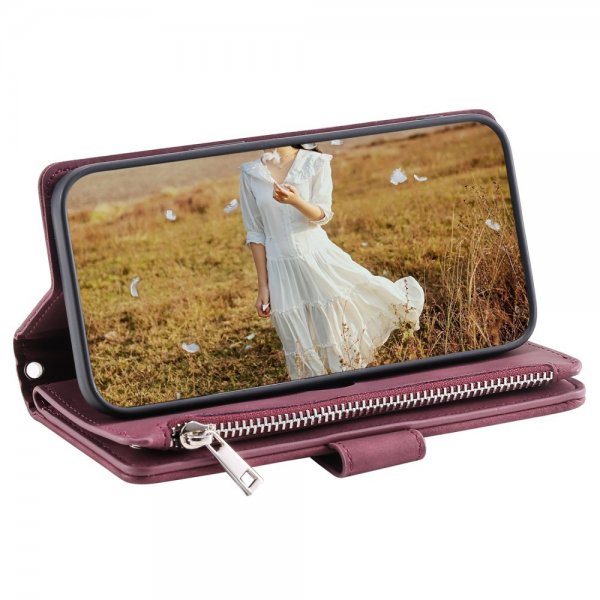 iPhone 15 Plus Suojakuori Timanttikuvio Vetoketjulla Punainen