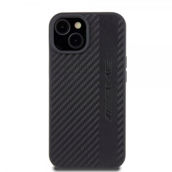 Mercedes Benz iPhone 15 Plus Suojakuori Carbon Effect Leather Stripe AMG Musta