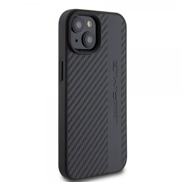 Mercedes Benz iPhone 15 Plus Suojakuori Carbon Effect Leather Stripe AMG Musta