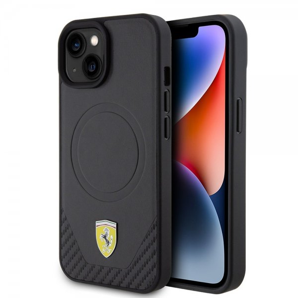 Ferrari iPhone 15 Plus Suojakuori Carbon PU Nahka MagSafe Musta