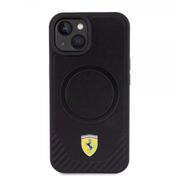 Ferrari iPhone 15 Plus Suojakuori Carbon PU Nahka MagSafe Musta