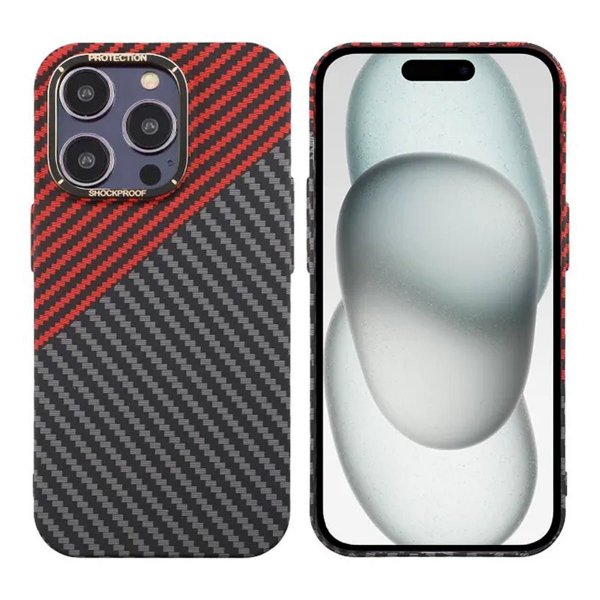 iPhone 15 Pro Max Kuori Hiilikuitukuvio Musta Punainen