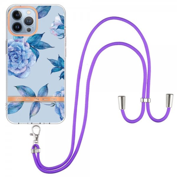 iPhone 15 Pro Max Kuori Kukkakuviointi hihnalla Sininen Pioni