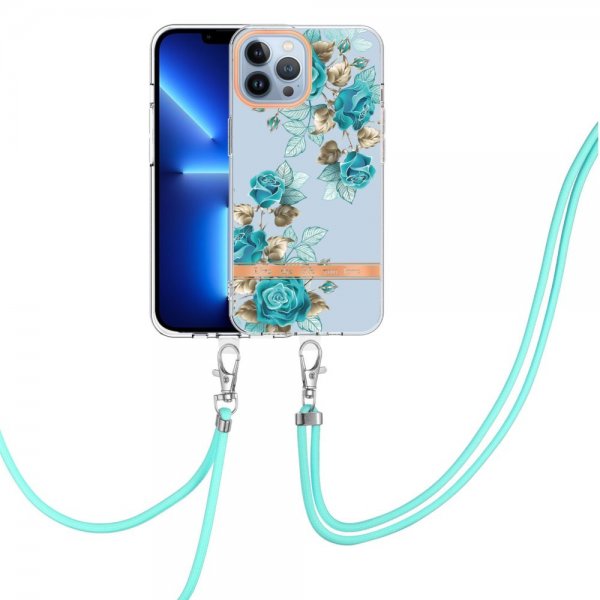 iPhone 15 Pro Max Kuori Kukkakuviointi hihnalla Siniset Ruusut
