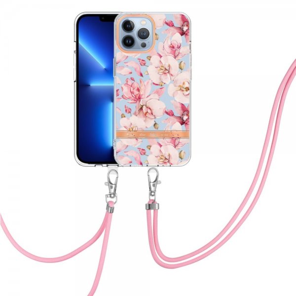 iPhone 15 Pro Max Kuori Kukkakuviointi hihnalla Ruusu Gardenia