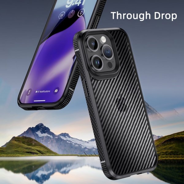 Ipaky iPhone 15 Pro Max -hiilikuitukuvioitu suojakuori, musta