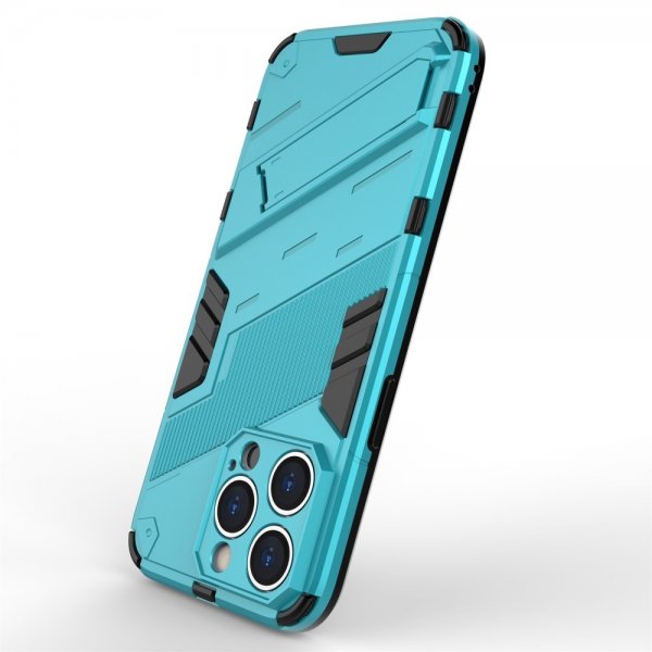 iPhone 15 Pro Max -kotelo jalustalla, vaaleansininen