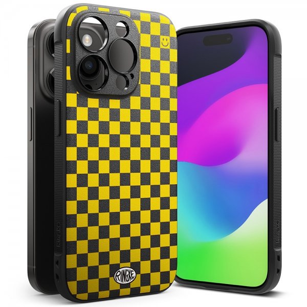 Ringke iPhone 15 Pro Max -suojakuori, Onyx Design, Checkerboard Yellow