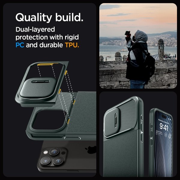Spigen iPhone 15 Pro Max -suojakuori Optik Armor MagFit Abyss Green