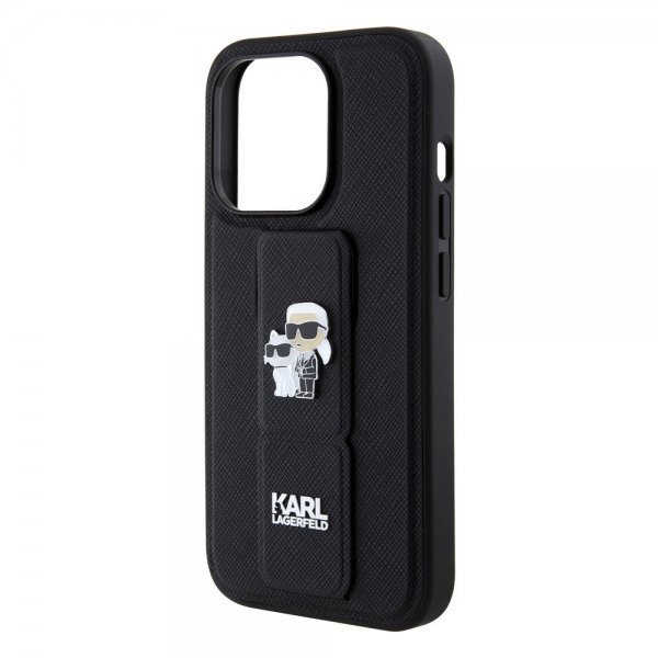 Karl Lagerfeld iPhone 15 Pro -suojakuori jalustalla, musta