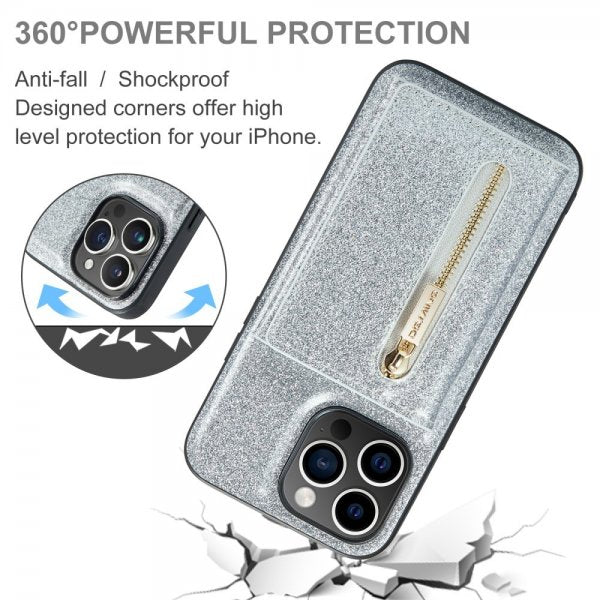Dg.Ming iPhone 15 Pro Kuori M3-sarja Irrotettava Korttipidike Glitterhopea