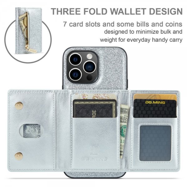 Dg.Ming iPhone 15 Pro Kuori M3-sarja Irrotettava Korttipidike Glitterhopea