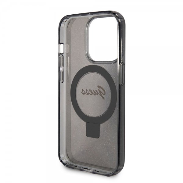 Guess iPhone 15 Pro Kuori Sormusteline Glitter MagSafe Musta
