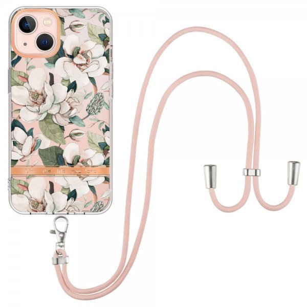 iPhone 15 Kuoret Kukka-aiheella ja Hihnalla, Vihreä Gardenia